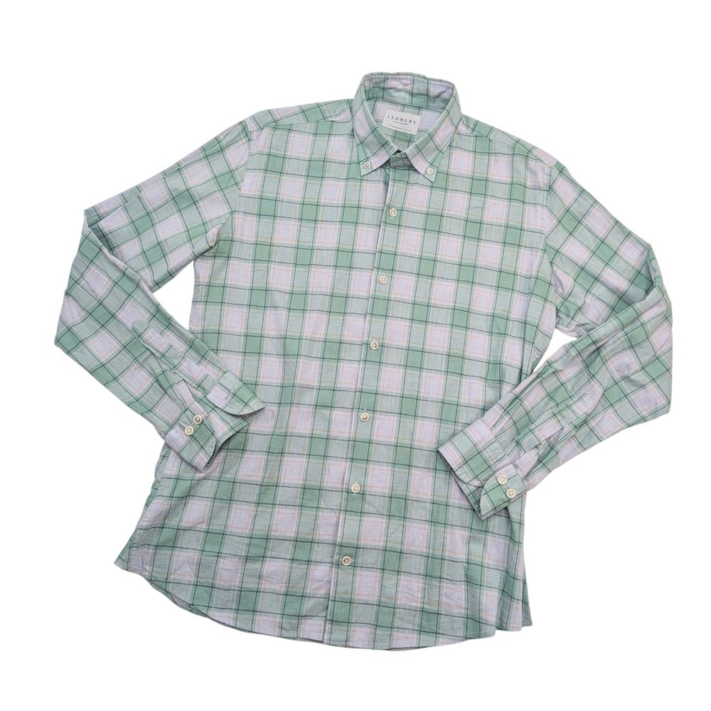 Ledbury Tailored Fit Shirt Men's 15.5 M Green Lavender Plaid‎ Linen Lyocell